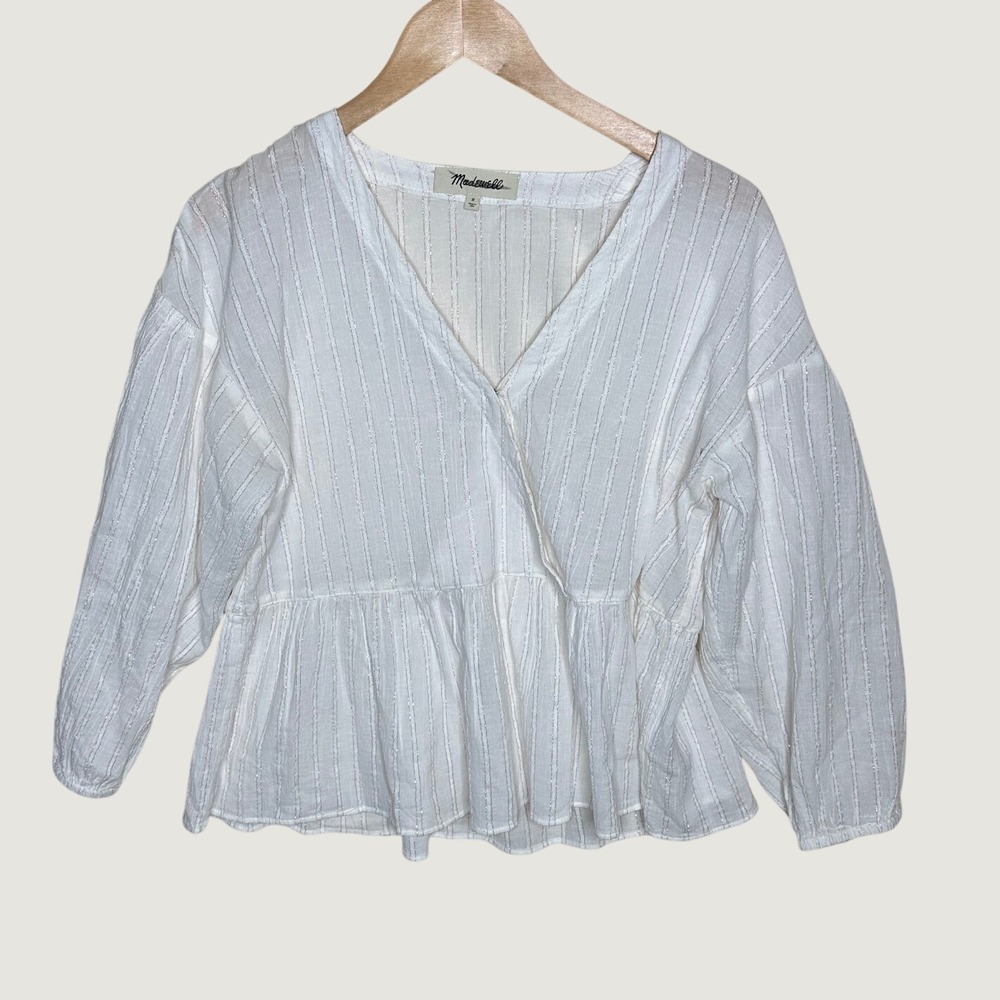Madewell Metallic Stripe Bubble Sleeve Peplum V-neck Top size Medium White/Gold